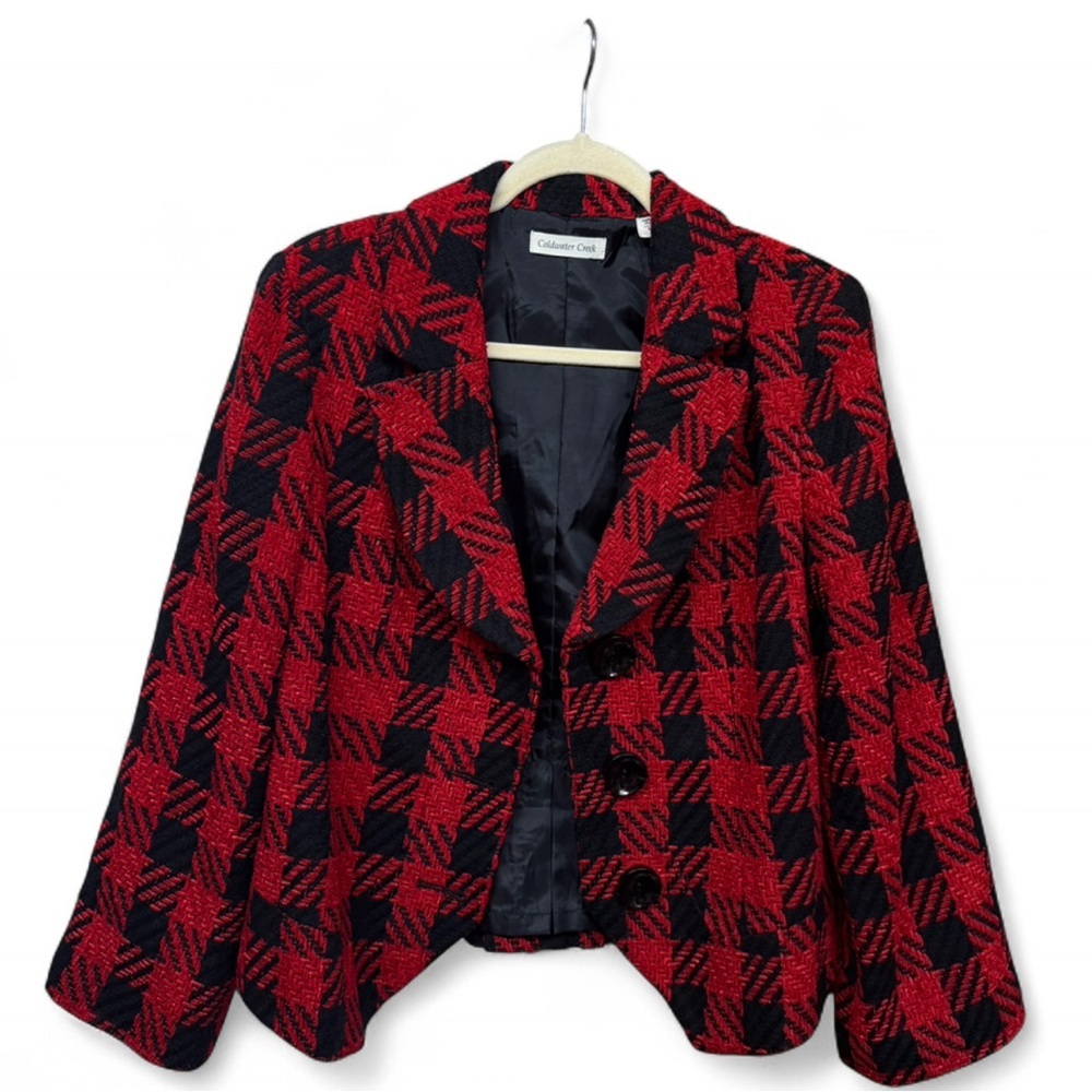 Coldwater Creek Red Black Plaid Tweed Blazer Jacket Size 10 - Picture 4 of 9